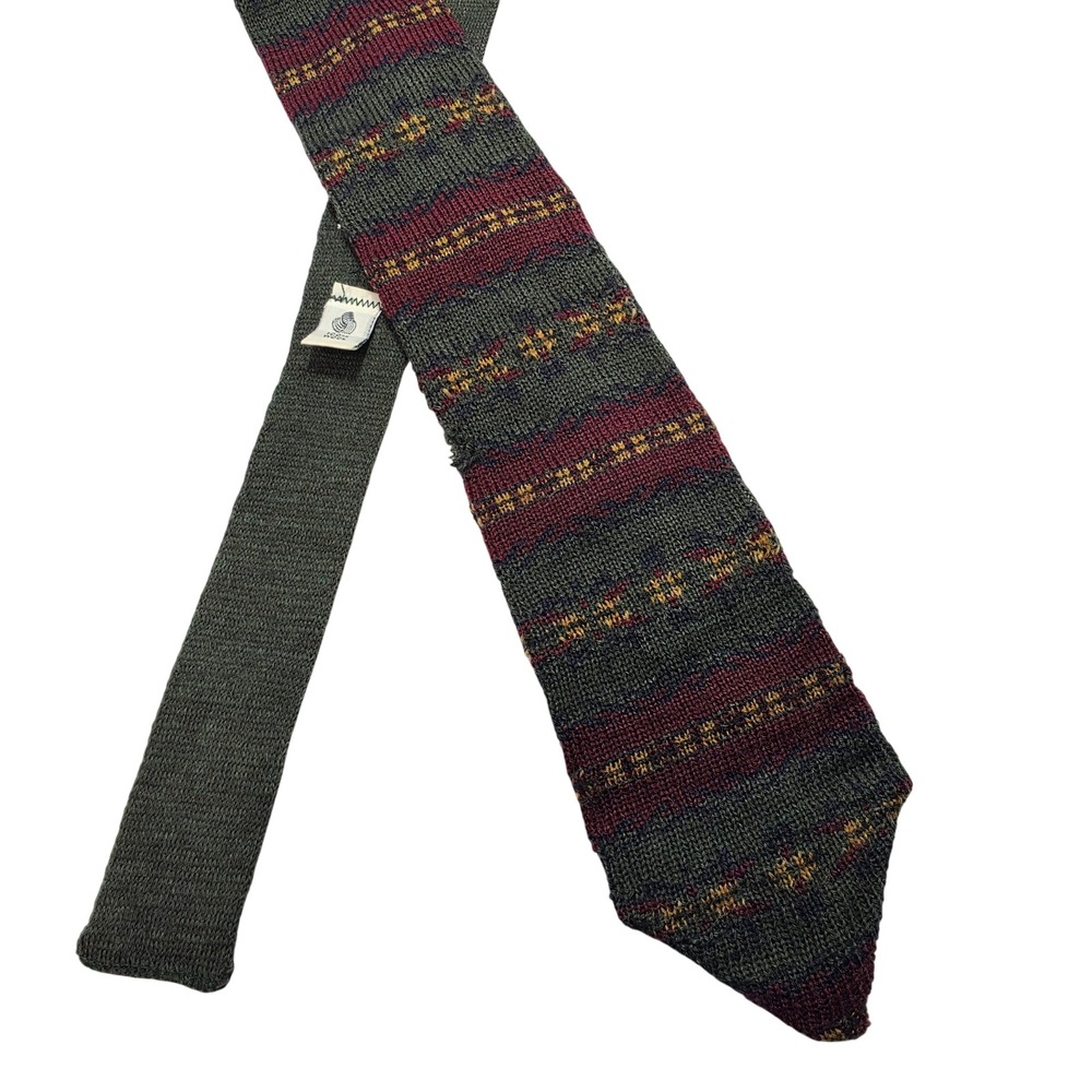 Aeropostale Mens Vintage 100% Wool Knit Tie Fair Isle Olive Green Burgundy *